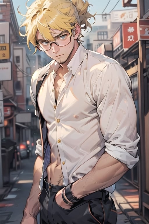 young man, hair up, light yellow hair, glasses, blind, handsome, abs, white shirt, relaxed look, innocent expression,cartoon,ASU1