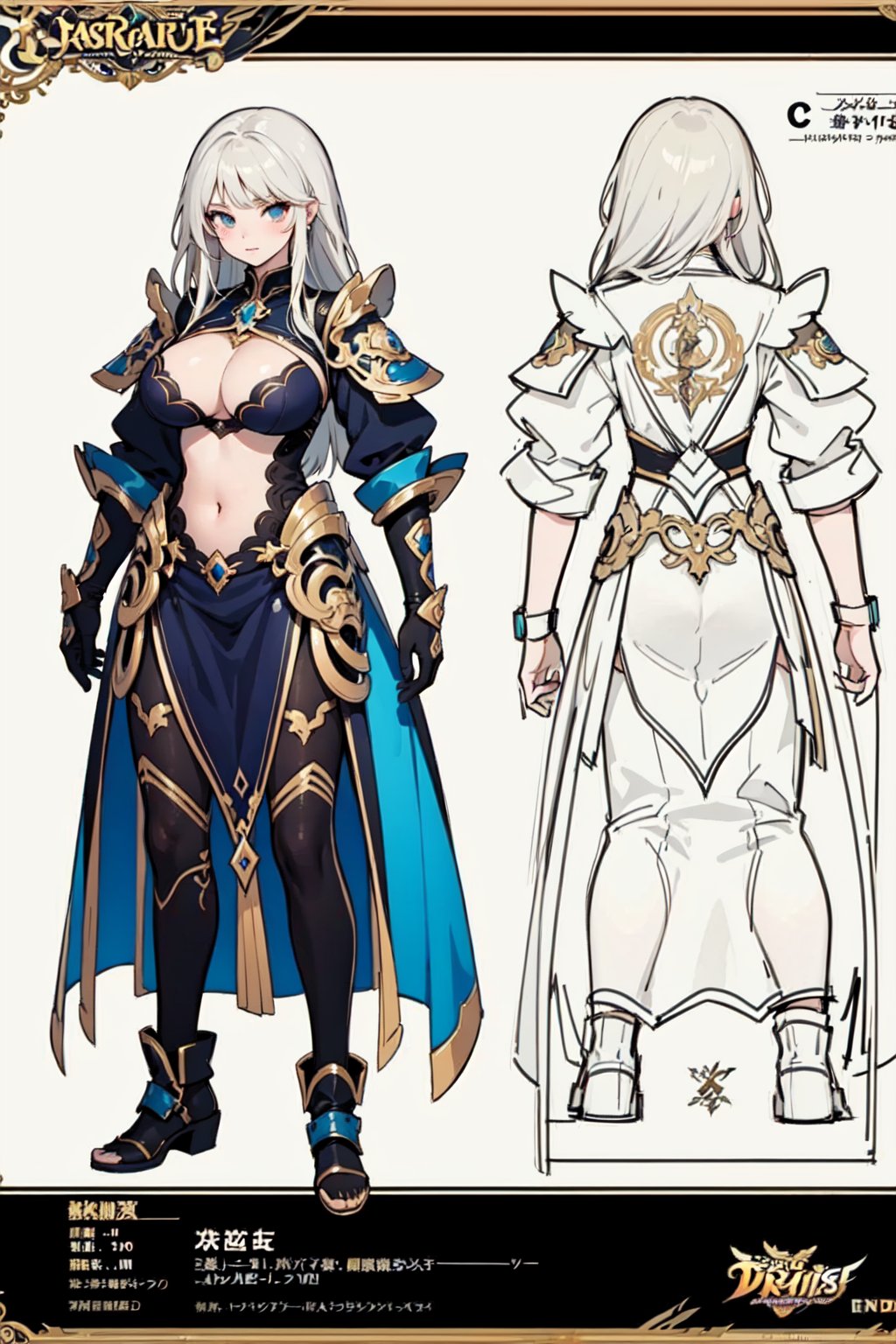 anime, design, custom character, character design, full_body, modelsheet, big boobies, big breast, (CharacterSheet:1), anime, female armor, design(masterpiece, top quality, best quality, official art, beautiful and aesthetic:1.2), (1girl), extreme detailed,(fractal art:1.3),highest detailed
