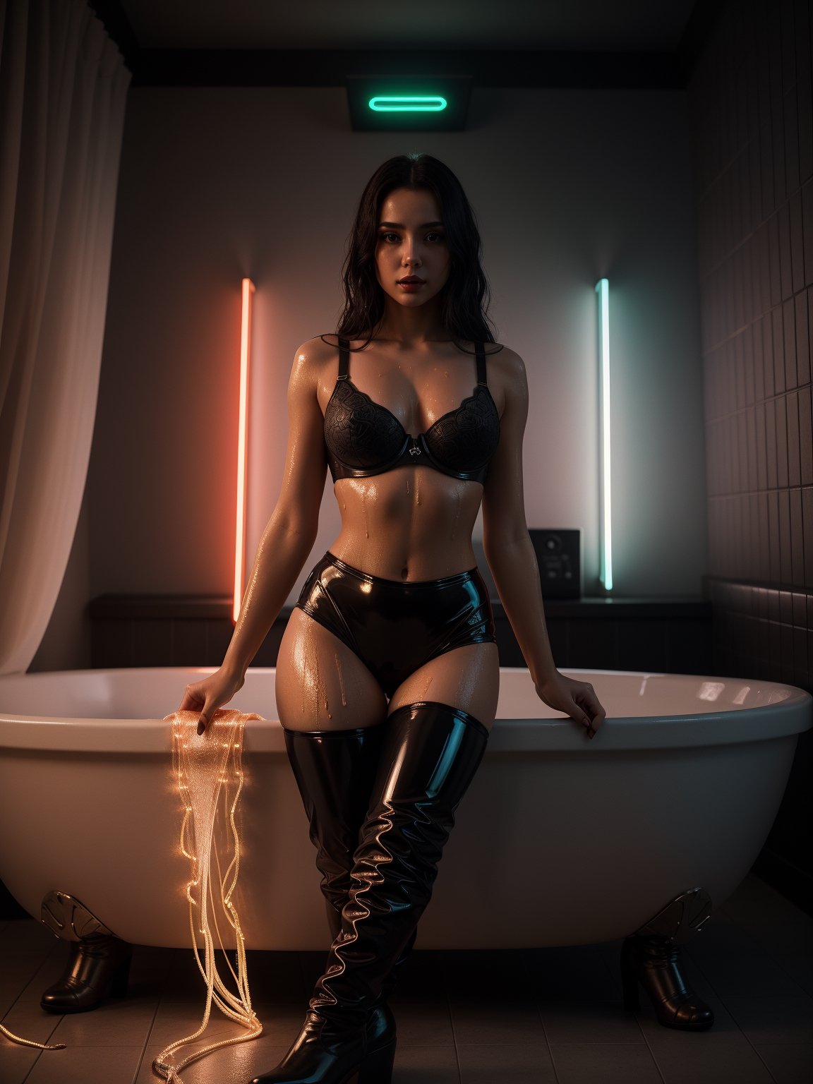 a beautiful young latin woman, oily & wet body with long hair, 34 dd size breast, dressed in futuristic red co-ord latex wear with deep deep nake bra in glossy red color and with ornaments of led lights and neon light trails, with high-heeled boots styled above the knee in a metallic color, taking bath in bathtub of a futuristic cyberpunk style luxury night dance club,  intricate and detailed image, hyper realistic, masterpiece, with studio photo quality, photo realistic, extreme sharpness of details, soft natural volumetric cinematic perfect light, 8K, HDR,, perfect composition, beautiful detailed intricate insanely detailed octane render trending on artstation, 8 k artistic photography, photorealistic concept art, soft natural volumetric cinematic perfect light, chiaroscuro, award - winning photograph, masterpiece, oil on canvas, raphael, caravaggio, greg rutkowski, beeple, beksinski, giger, potcoll, Neon Red & Black, bare_midriff, mid_shot, ,Realism