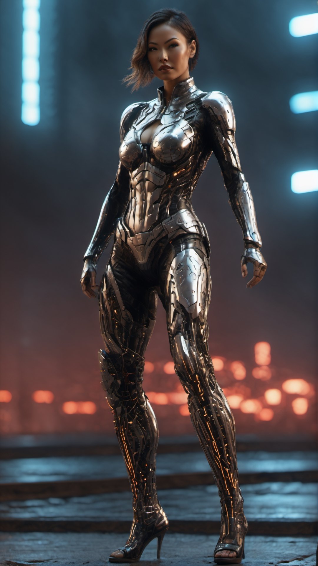 "Imagine a super-realistic depiction of a cyberpunk-style sexy lady wearing a sleek,  black and silver,  biometrically-enhanced,  glowing armor from head to toe. This cutting-edge Hi-Tech superhero suit embodies the perfect blend of advanced technology and superhero aesthetics.

Set against a stunning backdrop of a futuristic,  high-tech cityscape with neon lights and skyscrapers,  this full-body Hi-Tech glowing black and silver armor radiates power,  sophistication,  and the essence of a true technological superhero. Capture the image in a dynamic pose to showcase Sexy Lady agility and prowess in this super-realistic illustration." 
