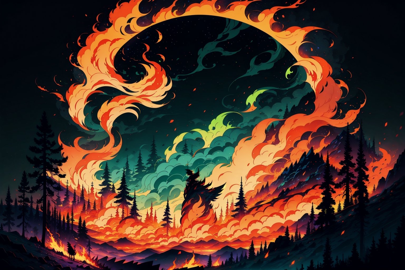 Windswept fire sweeping across a forest, a warlocks silhouette among neon green fire

tshee00d,tshee00d,vector style