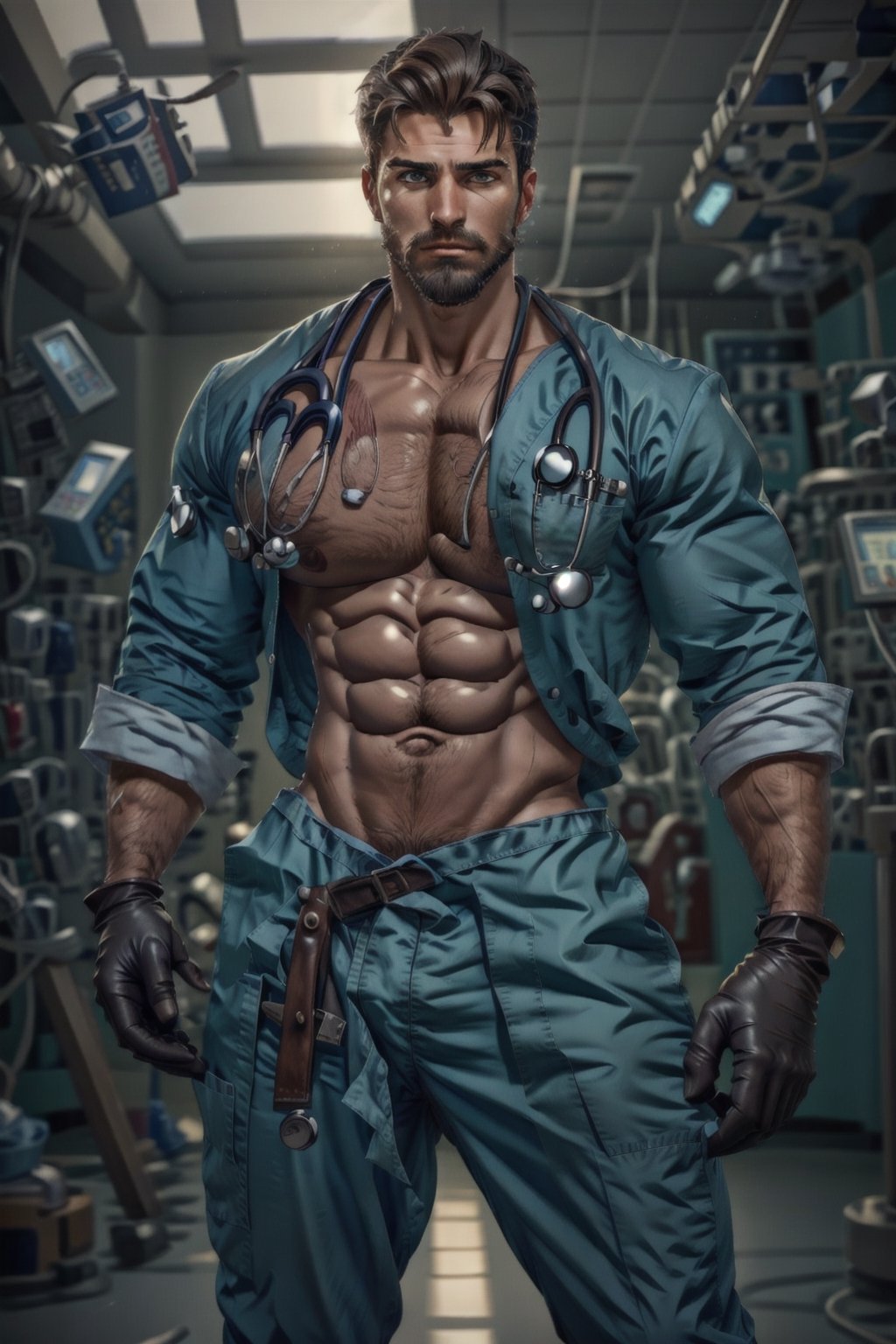 realistic, masterpiece, best quality, detailed, natural lighting, soft shadow, detailed background, photography, depth of field, intricate details, detailed face, subsurface scattering, realistic eyes, muscular, photo of a handsome (italian man), sexydoctor, scrubs, (25 years old), beard, gloves, hospital,sexypirate, crotch_bulge, 
huge bulge in pants