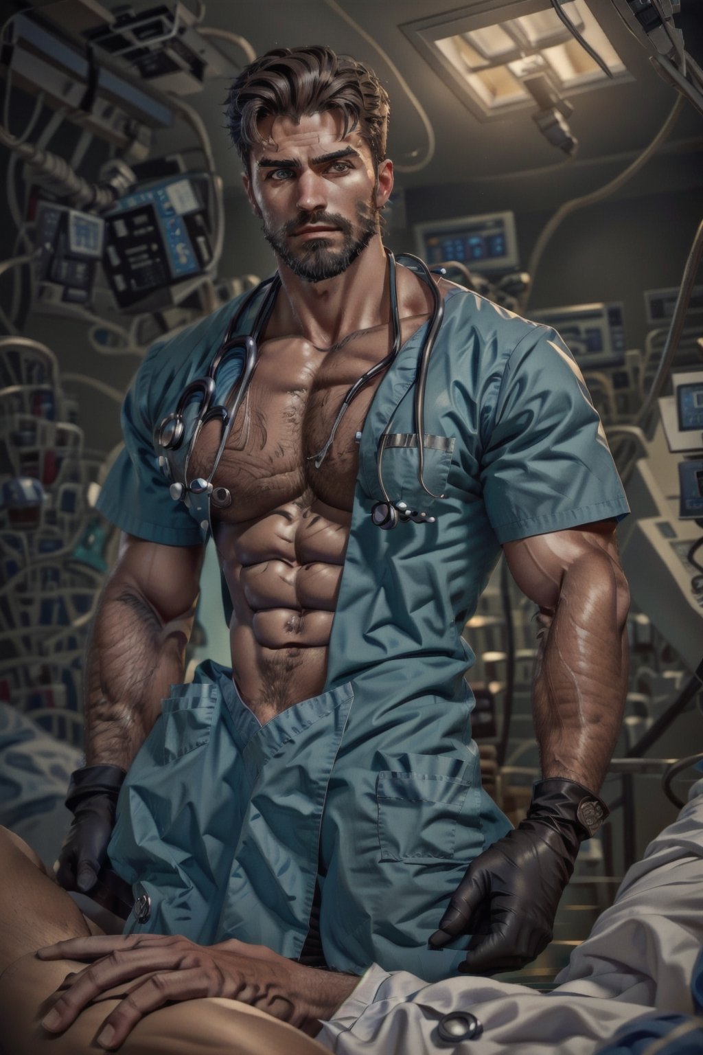 realistic, masterpiece, best quality, detailed, natural lighting, soft shadow, detailed background, photography, depth of field, intricate details, detailed face, subsurface scattering, realistic eyes, muscular, photo of a handsome (italian man), sexydoctor, scrubs, (25 years old), beard, gloves, hospital,sexypirate
