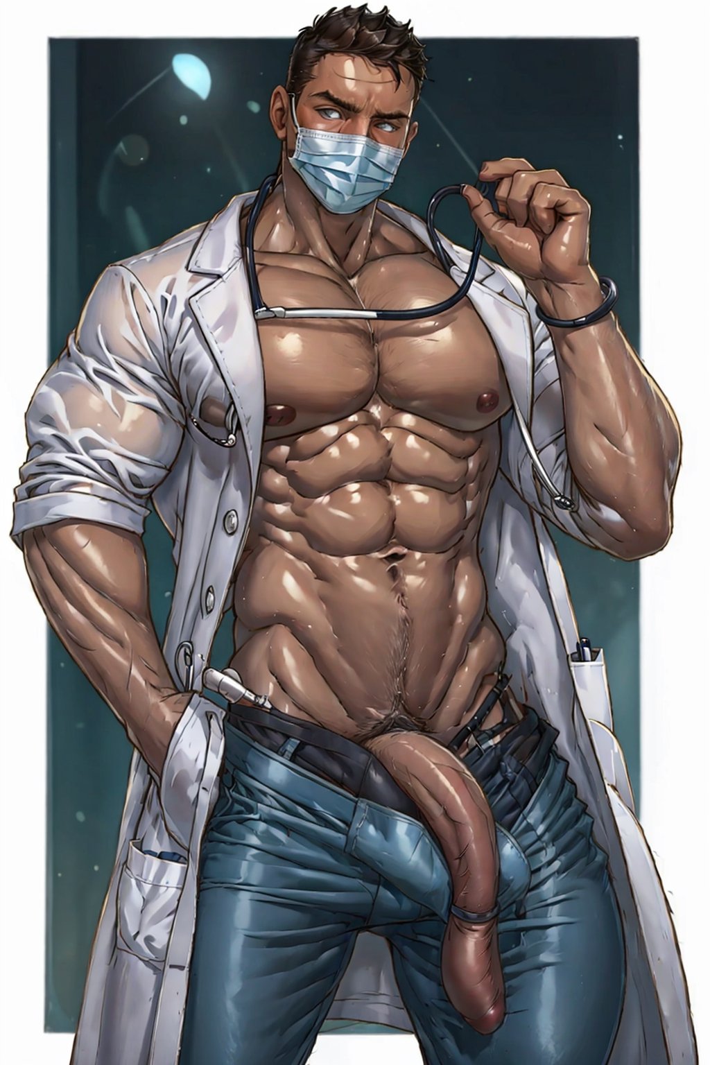 male, gigantic_breast, hairy,sexydoctor, underwear_bulge, pubic_hair, has pants on, no shirt,STETHOSCOPE,COAT/SCRUBS,SURGICAL MASK,SEXYSAILOR