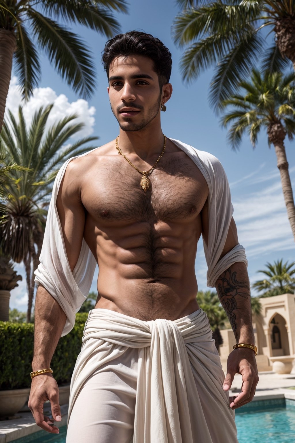 aladdin(prince Ali) Mena Massoud , solo, low rise white arabian clothes(see-through), Gold jewelry, shirtless, hairy chest, daylight, (detailed background), oasis, palm-tree lake, fountain, depth of field, intricate details, 8k, detailed skin texture, detailed face, realistic eyes, male focus, photo of a man,hairy, crotch_bulge