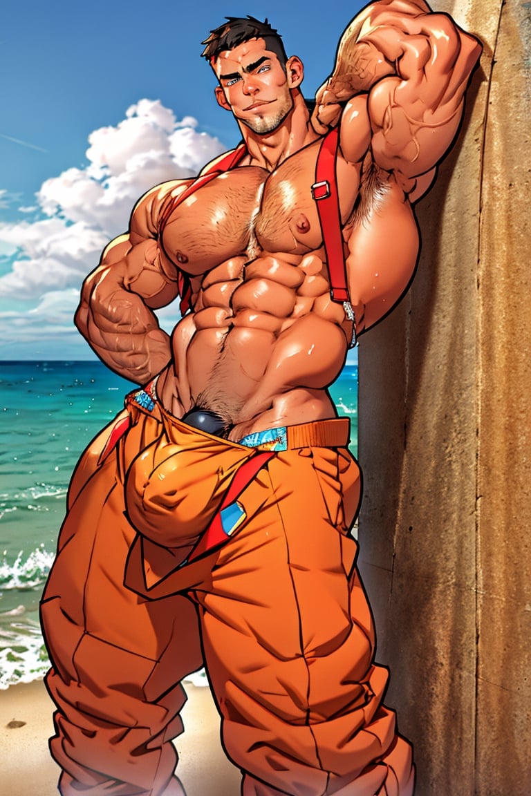 Realistic, handsome men, at the beach, gigatic Bulge ,beach, nude_shirt, huge big bulge, really hairy,firemenoutfit
