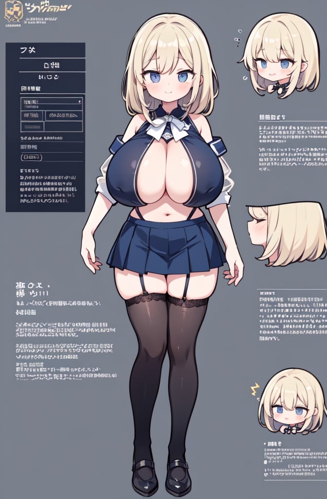 1 girl, anime, design, custom character, character design, full body, modelsheet, big boobies, big breast, huge breasts(CharacterSheet:1)(masterpiece, top quality, best quality, official art, beautiful and aesthetic:1.2), extreme detailed,(fractal art:1.3),highest detailed, miniskirt,  bare shoulders, (best quality, masterpiece:1.2), 8K, HDR, photorealistic, 1girl, white school_uniform, (transparent blouse:1.3), black lace bra inside, navy blue skirt, raises skirt, semi-transaparent panty, shy look, asian girl, breasts, charming smile,solo,breasts,blurry light background,Sexy Big Breast