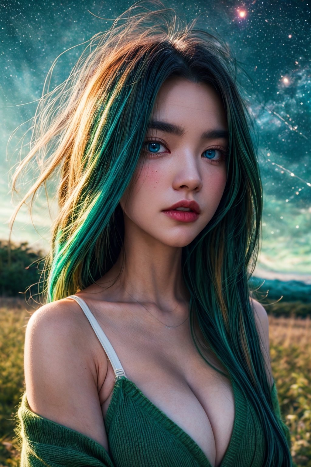 (close-shot photo:1.4) of a beatutiful woman wearing white underwear and cardigan on a open field, embers of memories, colorful, (photo-realisitc), nebula background, nebula theme,exposure blend, medium shot, bokeh, (hdr:1.4), high contrast, (cinematic, teal and green:0.85), (muted colors, dim colors, soothing tones:1.3), low saturation,fate/stay background,yofukashi background,(pureerosface_v1:0.8), (ulzzang-6500-v1.1:0.8),breasts,Beautiful eyes ,ASU1,bare shoulders,dream_girl,blue eyes