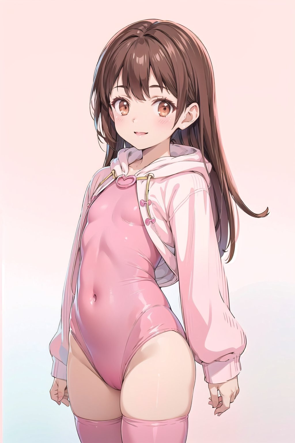 1girl, solo, long hair, looking at viewer, smile, simple background, brown hair, brown eyes, standing, pink leotard, cowboy shot, parted lips, flat chest, lips, leotard, realistic, big_thighs,photorealistic, long sleeves, full body, pink_hoodie, hoodie, See "Girl List"