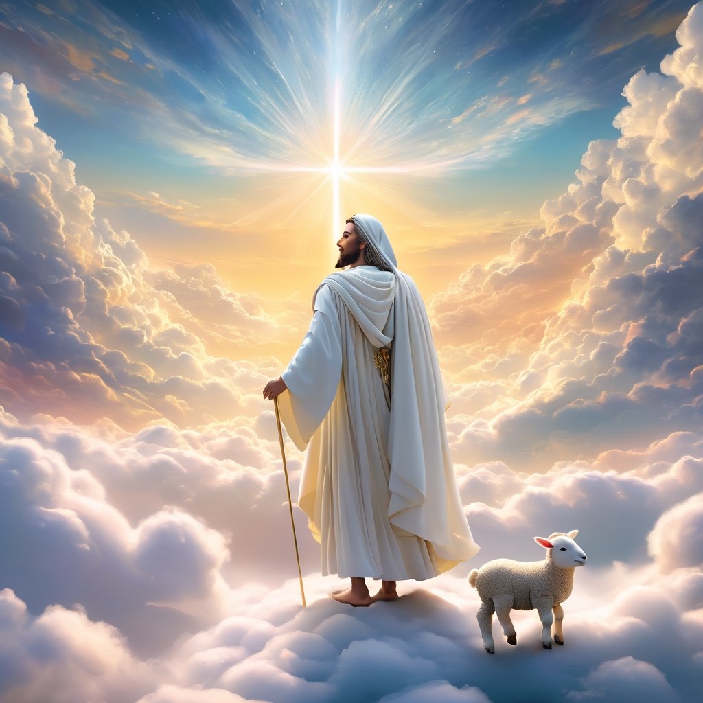 Male figure, background of a sea of clouds, clouds shaped like a throne, Jesus with outstretched arms embracing a little lamb.full body,famale,zen style, still film, cold color, l vibrant and volumetric light (masterpiece, top quality, best quality, official art, beautiful and aesthetic: 1.2), extremely detailed, (abstract, fractal art: 1.3), colorful hair, more detailed, detailed_eyes, 18 year old famale face, 3others, five fingers, perfect hands, anatomically perfect body, (black eyes), (gray hair), very headscarf hair, long white plain dress, white shorts, dynamic angle, depth of field, hyper detailed, highly detailed, beautiful, small details, ultra detailed, best quality, 4k,((full body)), face to jesus,photo r3al,Line Chibi yellow,lineart