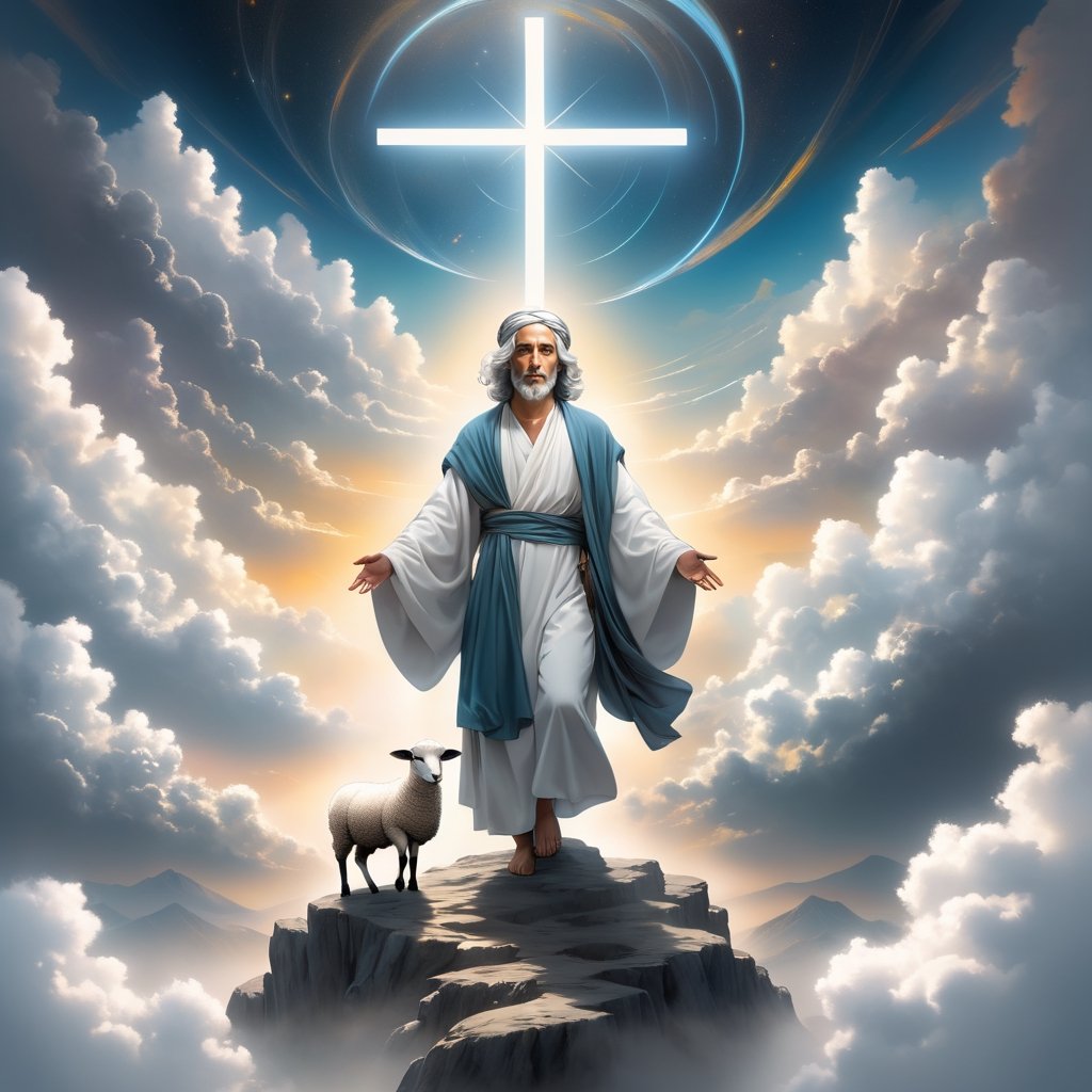 A Jewish on the Cross., with a headscarf wrapped around their silver-white hair. Male figure, background of a sea of clouds, clouds shaped like a throne, Jesus with outstretched arms embracing a little lamb.full body,famale,zen style, still film, cold color, l vibrant and volumetric light (masterpiece, top quality, best quality, official art, beautiful and aesthetic: 1.2), extremely detailed, (abstract, fractal art: 1.3), colorful hair, more detailed, detailed_eyes, 18 year old famale face, 3others, five fingers, perfect hands, anatomically perfect body, (black eyes), (gray hair), very headscarf hair, long white plain dress, white shorts, dynamic angle, depth of field, hyper detailed, highly detailed, beautiful, small details, ultra detailed, best quality, 4k,((full body)), face to the sheep,ink scenery