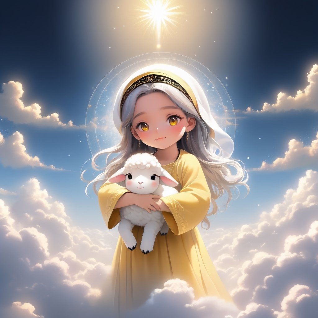 Male figure, background of a sea of clouds, clouds shaped like a throne, Jesus with outstretched arms embracing a little lamb.full body,famale,zen style, still film, cold color, l vibrant and volumetric light (masterpiece, top quality, best quality, official art, beautiful and aesthetic: 1.2), extremely detailed, (abstract, fractal art: 1.3), colorful hair, more detailed, detailed_eyes, 18 year old famale face, 3others, five fingers, perfect hands, anatomically perfect body, (black eyes), (gray hair), very headscarf hair, long white plain dress, white shorts, dynamic angle, depth of field, hyper detailed, highly detailed, beautiful, small details, ultra detailed, best quality, 4k,((full body)), face to jesus,photo r3al,Line Chibi yellow