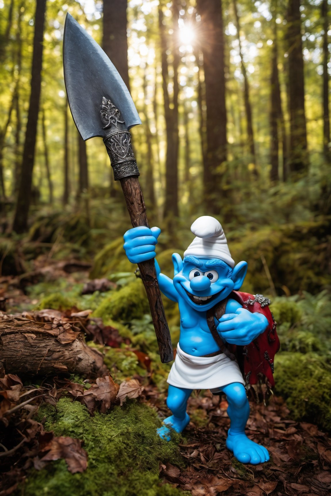 ((best quality, hdr, 32k)), cinematic shot of a murderous evil psycho Smurf holding bloody axe, hyper detailed winning photograph, full body shot, Lenkaizm, intricate details, white hat, masked, bright blue eyes, forest backlight, bright skin, full body, sharp focus, sudio photo composition, unashamedly visual charming face, mushrooms that are the smurfs' houses, vivid colors