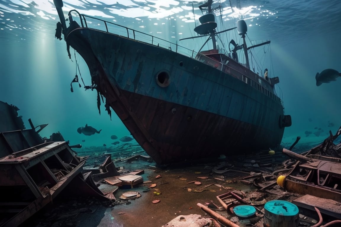 (stunning masterpiece: 1.3), ((12k HDR)), ((under water)), A photo of a marine scientist diver studying remains of a ship, the keel is sunk to the bottom, the ship is split in half, Creatures of Deep waters that inhabit the area, adding to the ominous atmosphere, Lurk in the shadows, Inside and outside the twisted metal wreckage. The colors of the place are muted and gloomy, with rusty metal and rotting wood creating a sense of decay and neglect. Although the surface of the water is calm, ((sun rays)), ((Brilliant diamond splatter)), swirl of air bubbles, sharp focus, intricate detail, high detail, digital art, bright beautiful splatter, sparkling, stunning digital art, interspersed with vibrant colors and surreal fantasy lighting, super detail, digital photography, 8k, sharp focus, 