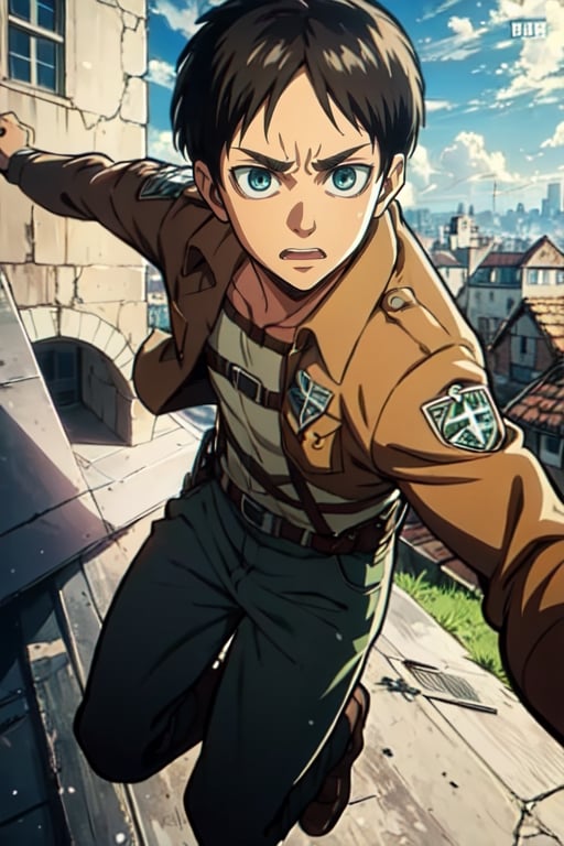 masterpiece, best quality, solo, 1boy, eren_yeager, green eyes, brown hair, paradis military uniform blue eyes, attack on Titan uniform, jumping from the roof, Attack on titan town background, eren_jaeger,High detailed ,eren_yeager,Color magic