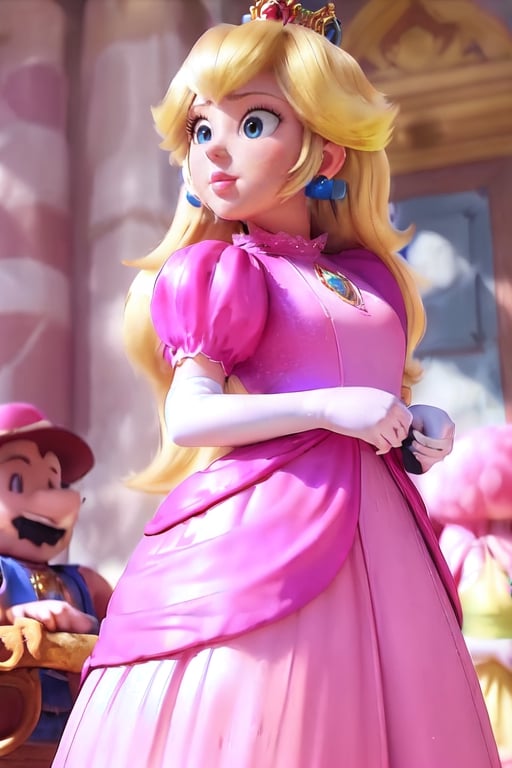 1girl, low(masterpiece:1.3), (high quality:1.3), (high detailed:1.3), 4k, photorealistic, ultradetailed body, 1 beautifull young princess peach Sitting on a great throne, long blonde hair, braids, (large neckline:1.4), dress and (short pink skirt:1.5) whit white panties, ((large breasts and big ass)), cowboy shot, white skin,princess_peach,Peach_SMPis