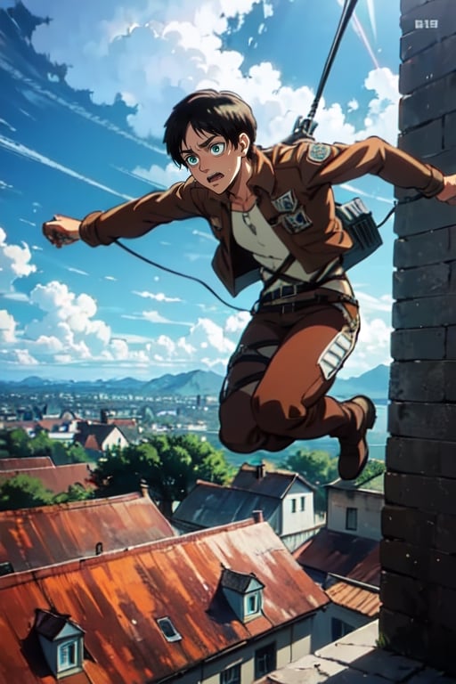 masterpiece, best quality, solo, 1boy, eren_yeager, green eyes, brown hair, paradis military uniform blue eyes, attack on Titan uniform, jumping from the roof, using his fly equipment,  Attack on titan town background, eren_jaeger,High detailed ,eren_yeager,Color magic