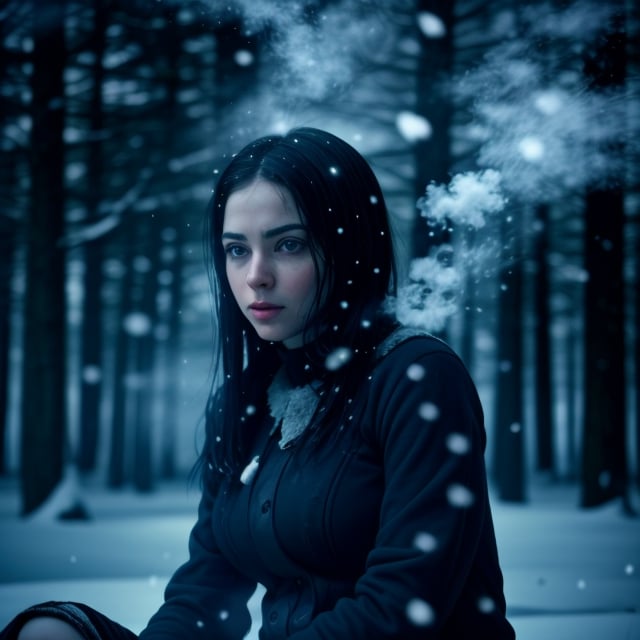 Masterpiece, Best quality, (1girl), (best quality), (masterpiece), (high resolution), (intricate details), (photorealistic), (cinematic light), busty, with a her sword at her hands, sitting on a stone in the middle of a winter forest, look into the distance, snowy wild forest, It's cold, it's snowing, beautiful face and slim body, ((steam from the mouth)), a deep look, thick fog, photorealism, photographic appearance, RAW style.,,<lora:659111690174031528:1.0>