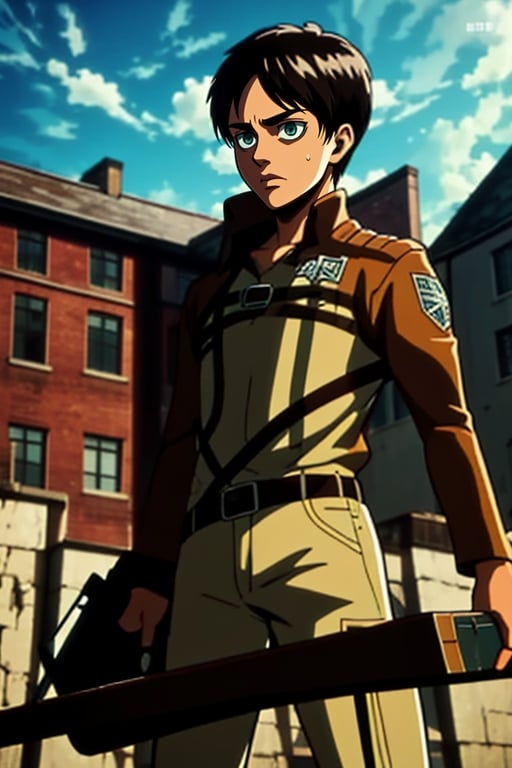 masterpiece, best quality, solo, 1boy, eren_yeager, green eyes, brown hair, paradis military uniform blue eyes, attack on Titan uniform, Attack on titan town background, eren_jaeger,High detailed ,eren_yeager,Color magic,<lora:659111690174031528:1.0>