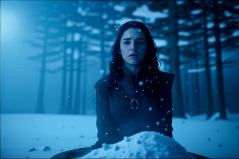 Masterpiece, Best quality, (1girl), (best quality), (masterpiece), (high resolution), (intricate details), (photorealistic), (cinematic light), busty, with a her sword at her hands, sitting on a stone in the middle of a winter forest, look into the distance, snowy wild forest, It's cold, it's snowing, beautiful face and slim body, ((steam from the mouth)), a deep look, thick fog, photorealism, photographic appearance, RAW style.,Snow,Game of Thrones,<lora:659111690174031528:1.0>