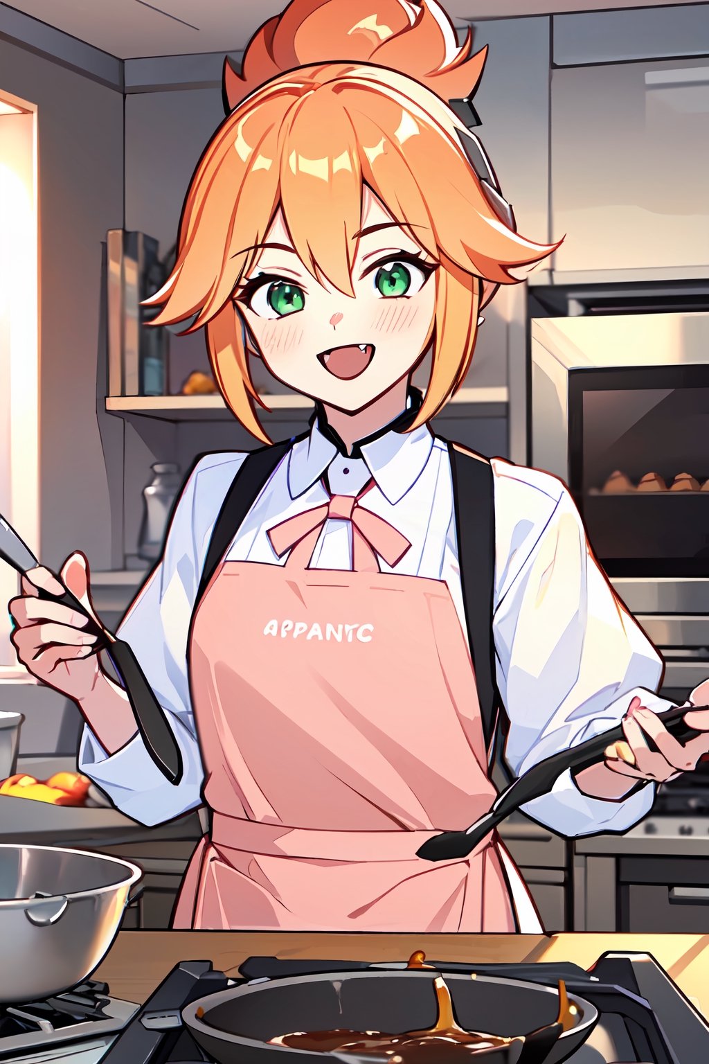 fanny, green eyes, short ponytail hair, orange hair, upper body, happy, enthusiastic, smiling, fangs, shy, holding cooking utensils, aspirants white shirt, pink apron, cooking food, indoors kitchen, cooking ingredients, kitchen tools, masterpieces, color details and black lines,