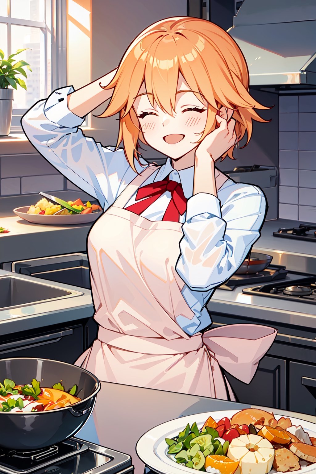 fanny, closed eyes, short ponytail hair, orange hair, upper body, happy, enthusiastic, smiling, grinning, shy, hands on head, white shirt aspirants, slim waist, pink apron, cook food, indoors kitchen, ingredients cooking, kitchen tools, masterpieces.