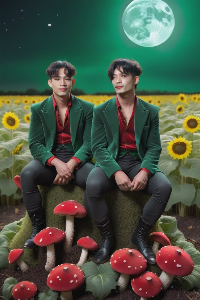 two male pixies dressed in green velvet sitting on red mushrooms in a field of sunflowers,  dark hair, nightime ,big bright moon,EpicArt ,christmas