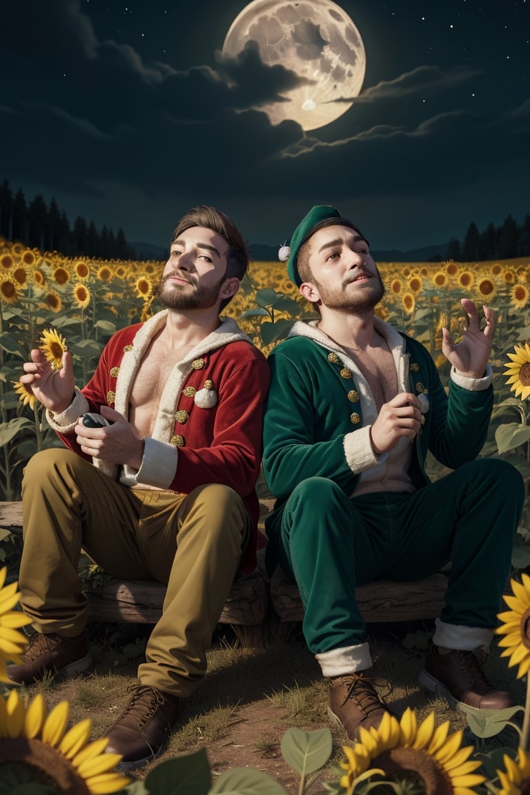 two male pixies dressed in green velvet sitting on red mushrooms in a field of sunflowers,  dark hair, nightime ,big bright moon,EpicArt ,christmas,more detail XL,PachaMeme