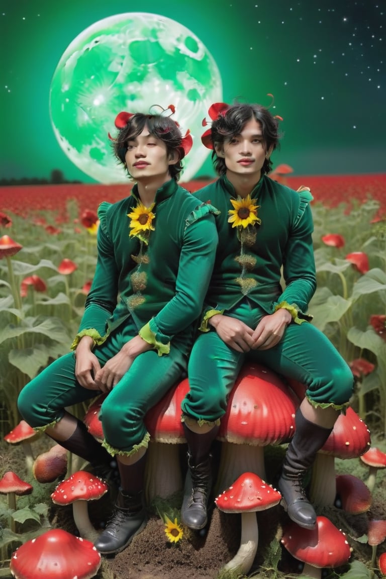 two male pixies dressed in green velvet sitting on red mushrooms in a field of sunflowers,  dark hair, nightime ,big bright moon,EpicArt ,christmas,more detail XL