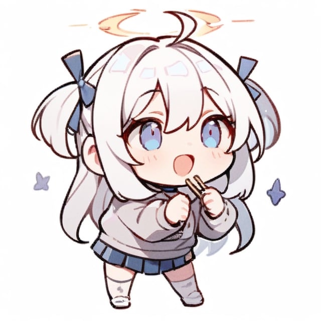  chibi, masterpiece, best quality, solo, 1girl, angel, (white hair), long curly hair, (two side up),blue eyes, (two blue ribbons on her hair), ((Double golden halo on her head)), choker, ((angel wings)), ahoge, full body, cute smile, best smile, open mouth, Wearing grey Hooded T-shirt, long sleeves, pleated skirt, (holding a pair of huge chopsticks), ,masterpiece,simple background, ,