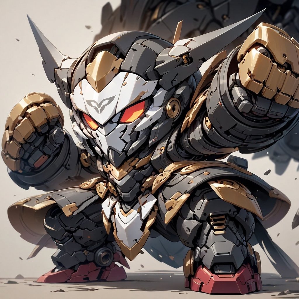 Masterpiece, 4K, ultra detailed, ((solo)), chibi style, anime style, Japanese Mecha, (MASK), (metal), dark color mecha, (fight pose), (punch), (full body), solid background, detail, ,close viewer,ROBOT,