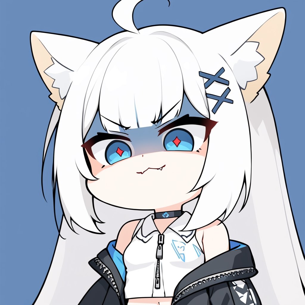 (chibi style), {{{masterpiece}}}, {{{best quality}}}, {{ultra-detailed}}, {beautiful detailed eyes},1girl, solo,  ((white hair)), very long hair, blue eyes, (straight hair), (bangs), animal ears, (stoat ears:1.2),
 Choker, ahoge, fangs, (big stoat Tail:1.2), (blue X hairpin), (White sleeveless collared dress, (midriff), blue chest bow), 
(black hooded oversized jacket:1.2), (jacket zipper half unzipped), (Off the shoulders), solo, small breasts, ((light white hair)), very long hair, (straight hair), (bangs), animal ears, (stoat ears:1.2), Choker, ahoge, fangs, (big fox Tail:1.2), (black hooded oversized jacket:1.2), (Off the shoulders), ((shadow face:1.2)), (angry eyes), (closed mouth), upper body,chibi emote style,chibi,emote, cute, looking with disgust,cutechibiprofile