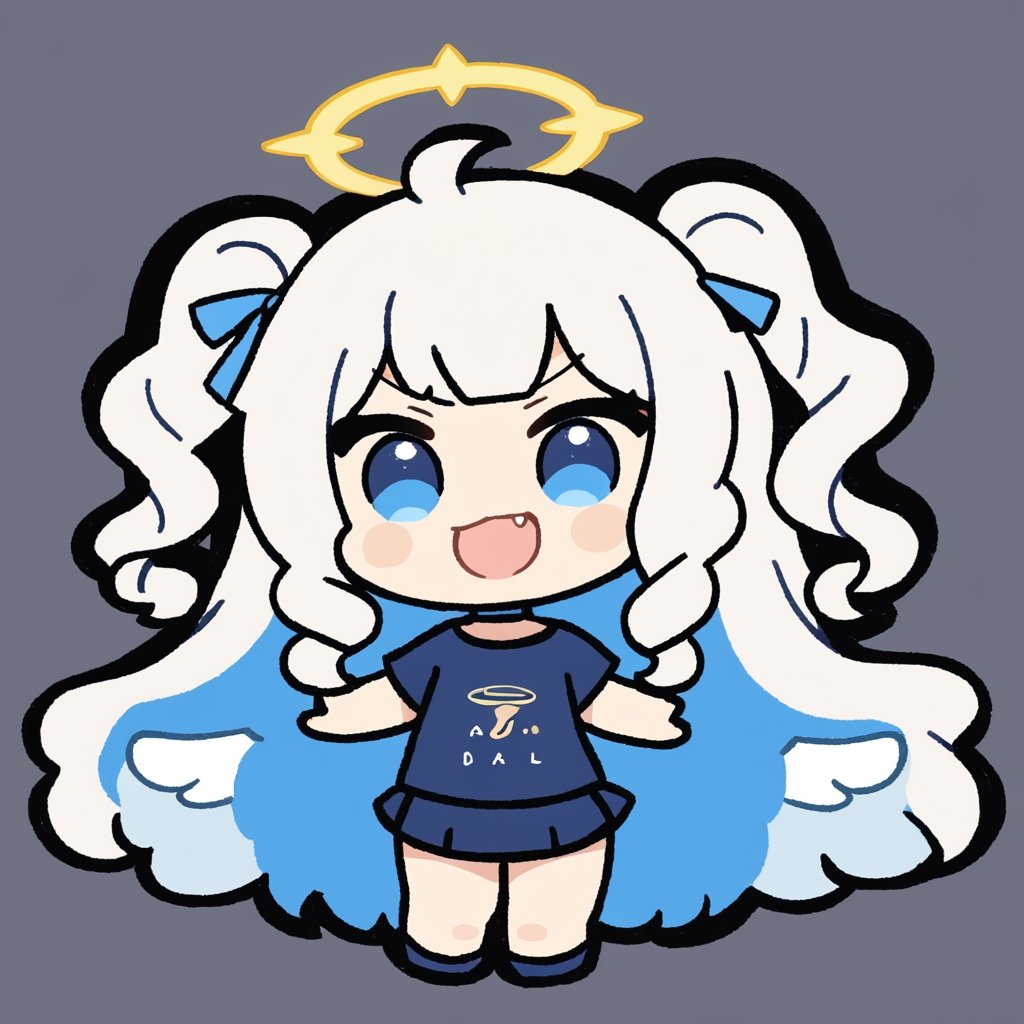 chibi, sd, masterpiece, made by a master, 4k, perfect anatomy, perfect details, best quality, high quality, lots of detail.
1girl, ((angel)), (white hair), long curly hair, (two side up), blue eyes,  (curly hair:1.2), (wavy hair), (hair curls), (bangs), (two side up), two ((blue)) hair ties on head, (Double golden halo on her head), choker, ((angel wings)), ahoge, t-shirt, short skirt, single, looking at camera, smiling, fang, happy, slightly angry, chibi, Emote Chibi. simple background, Line,cute comic,simple background, flat color,chibi,Cute girl,dal,Emote Chibi,chibi style,Chibi Style