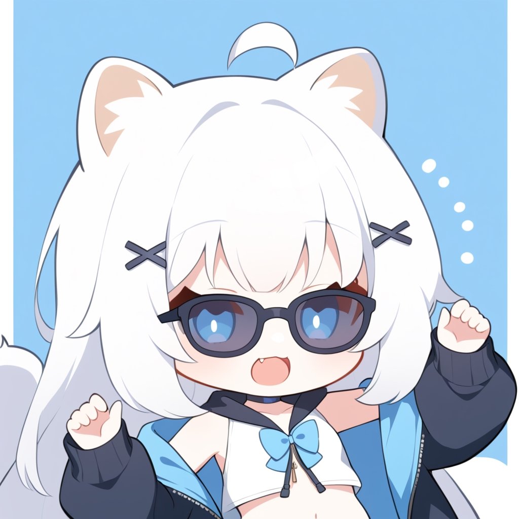 (chibi style), {{{masterpiece}}}, {{{best quality}}}, {{ultra-detailed}}, {beautiful detailed eyes}1girl, solo,  ((white hair)), very long hair, blue eyes, (straight hair), (bangs), animal ears, (stoat ears:1.2),
 Choker, ahoge, fangs, (big stoat Tail:1.2), (blue X hairpin), (White sleeveless collared dress, (midriff), (blue chest bow)), 
(black hooded oversized jacket:1.2), (jacket zipper half unzipped), (Off the shoulders), (rapping), (black sunglasses), upper body,chibi emote style,chibi,emote, cute,Emote Chibi,anime,cute comic,