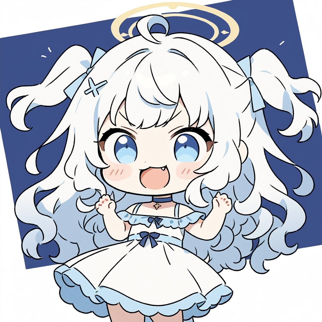chibi, sd, masterpiece, made by a master, 4k, perfect anatomy, perfect details, best quality, high quality, lots of detail.
1girl, (angel), (white hair), long curly hair, (two side up), blue eyes,  (curly hair:1.2), (wavy hair), (hair curls), (bangs), (two side up), two (blue) hair ties on head, (Double golden halo on her head), choker, ((angel wings)), ahoge, White dress with blue trim, single, looking at camera, smiling, fang, happy, slightly angry, chibi, Emote Chibi.
simple background, Line,cute comic,simple background, flat color,chibi,Cute girl,dal
