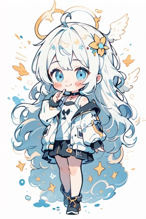 cute, chibi, 1girl, (angel), white hair, long curly hair, (two side up), blue eyes,  (curly hair:1.2), (wavy hair), (hair curls)
, (bangs), ((two side up)), two blue hair ties on head, (Double golden halo on her head), choker, (angel wings), ahoge, fang, cute pose, solo, simple background,falling down,floating,in air,floating hair,Bubbles, refracted sunlight, light spots, smile, happy, lowered head,/shelly/