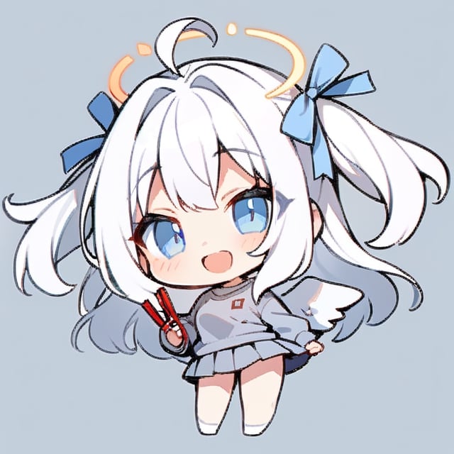  chibi, masterpiece, best quality, solo, 1girl, angel, (white hair), long curly hair, (two side up),blue eyes, (two blue ribbons on her hair), ((Double golden halo on her head)), choker, ((angel wings)), ahoge, full body, cute smile, best smile, open mouth, Wearing grey Hooded T-shirt, long sleeves, pleated skirt, (holding a pair of huge chopsticks), ,masterpiece,simple background, ,