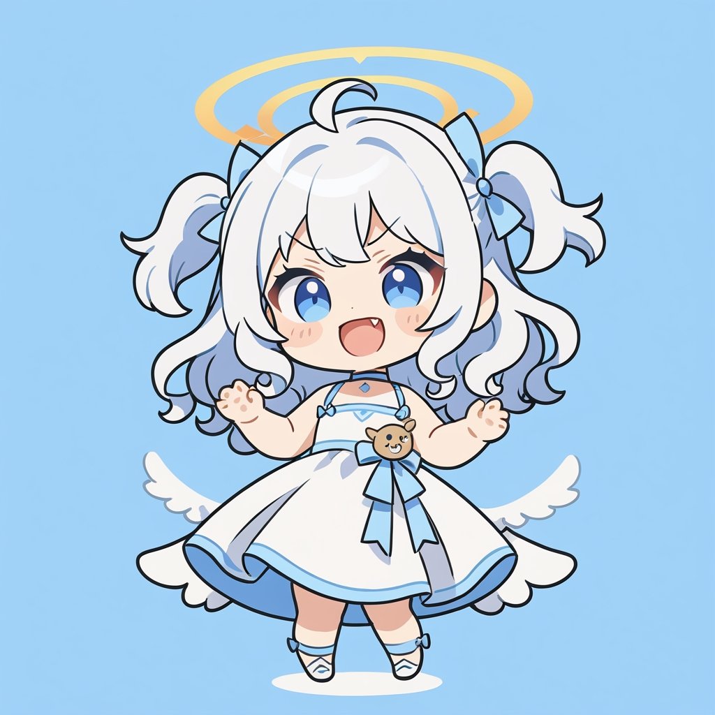 chibi, sd, masterpiece, made by a master, 4k, perfect anatomy, perfect details, best quality, high quality, lots of detail.
1girl, (angel), (white hair), long curly hair, (two side up), blue eyes,  (curly hair:1.2), (wavy hair), (hair curls), (bangs), (two side up), two (blue) hair ties on head, (Double golden halo on her head), choker, ((angel wings)), ahoge, White dress with blue trim, single, looking at camera, smiling, fang, happy, slightly angry, chibi, Emote Chibi.
simple background, Line,cute comic,simple background, flat color,chibi,Cute girl