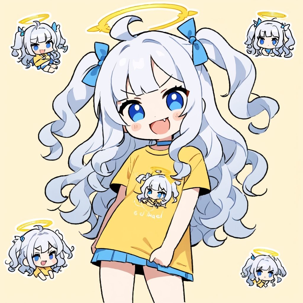 chibi, sd, masterpiece, made by a master, 4k, perfect anatomy, perfect details, best quality, high quality, lots of detail.
1girl, ((angel)), (white hair), long curly hair, (two side up), blue eyes,  (curly hair:1.2), (wavy hair), (hair curls), (bangs), (two side up), two ((blue)) hair ties on head, (Double golden halo on her head), choker, ((angel wings)), ahoge, t-shirt, short skirt, single, looking at camera, smiling, fang, happy, slightly angry, chibi, Emote Chibi. simple background, Line,cute comic,simple background, flat color,chibi,Cute girl,dal,Emote Chibi,chibi style,Chibi Style