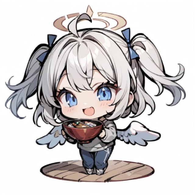  chibi, masterpiece, best quality, solo, 1girl, angel, (white hair), long curly hair, (two side up),blue eyes, (two blue ribbons on her hair), ((Double golden halo on her head)), choker, ((angel wings)), ahoge, full body, cute smile, best smile, open mouth, Wearing grey Hooded T-shirt, long sleeves, trousers, (holding huge bowl and chopsticks), ,masterpiece,simple background,chibi emote style