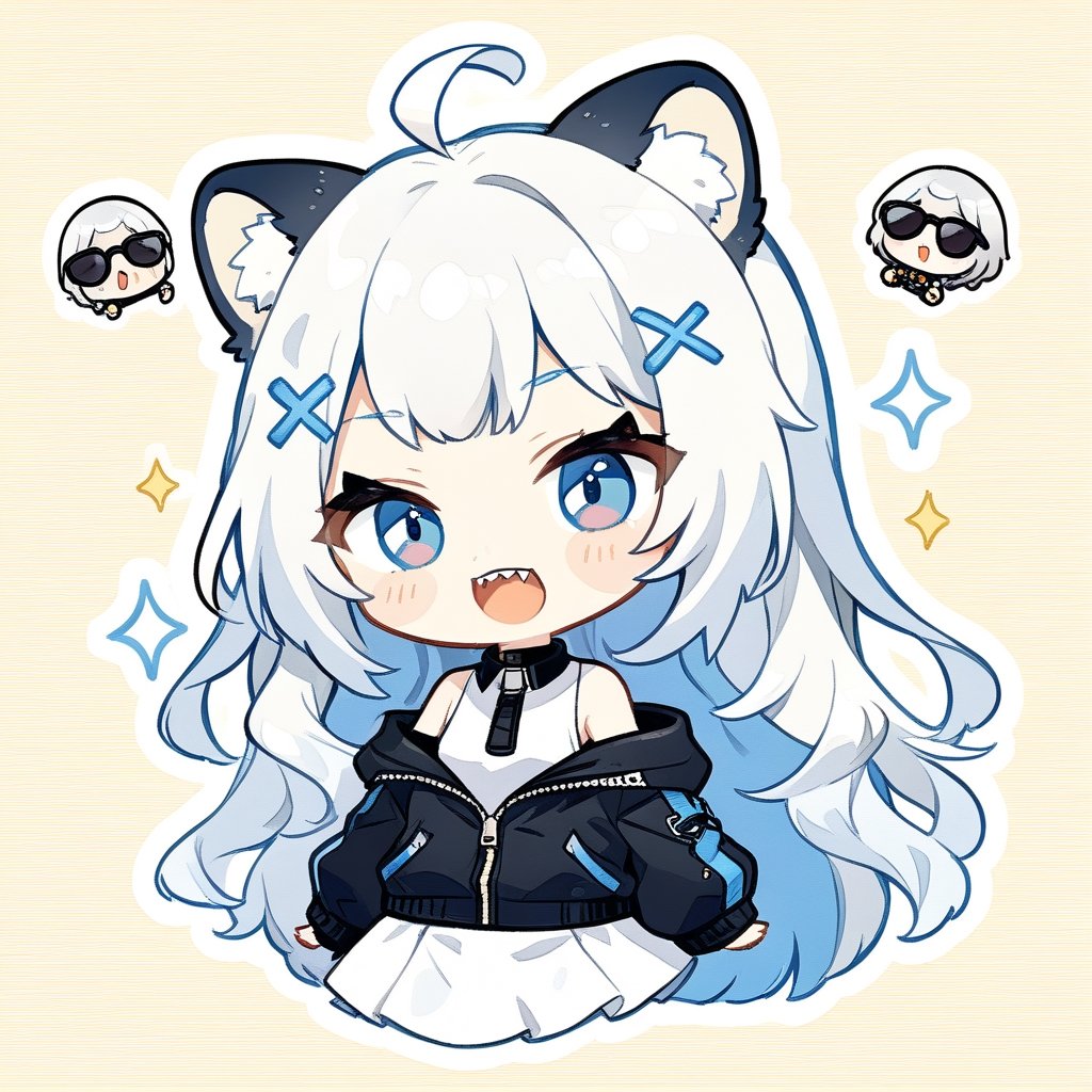 (chibi style), {{{masterpiece}}}, {{{best quality}}}, {{ultra-detailed}}, {beautiful detailed eyes}1girl, solo,  ((white hair)), very long hair, blue eyes, (straight hair), (bangs), animal ears, (stoat ears:1.2),
 Choker, ahoge, fangs, (big stoat Tail:1.2), (blue X hairpin), (White sleeveless collared dress, (midriff), blue chest bow), 
(black hooded oversized jacket:1.2), (jacket zipper half unzipped), (Off the shoulders), (rapping), (black sunglasses), upper body,chibi emote style,chibi,emote, cute,Emote Chibi,anime,cute comic,txznf,flat style,comic book