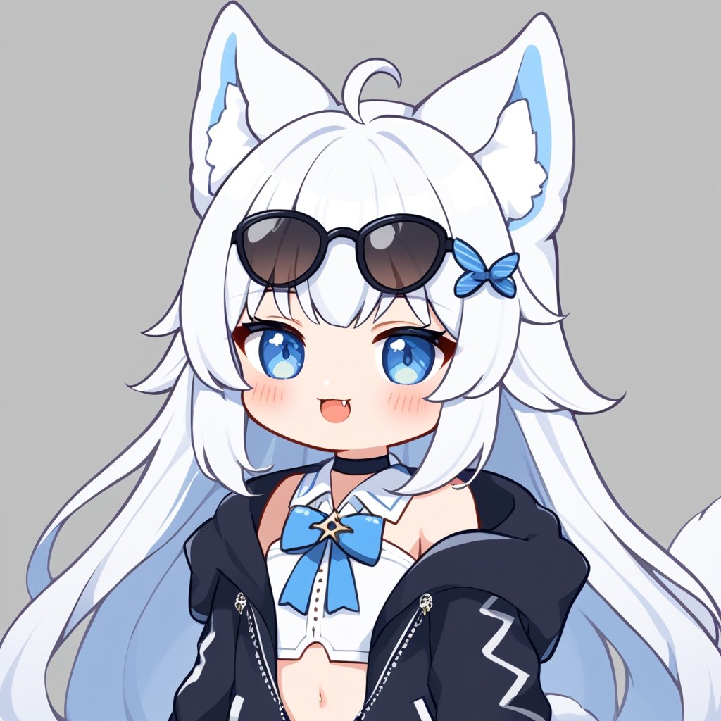 (chibi style), {{{masterpiece}}}, {{{best quality}}}, {{ultra-detailed}}, {beautiful detailed eyes}1girl, solo,  ((white hair)), very long hair, blue eyes, (straight hair), (bangs), animal ears, (stoat ears:1.2),
 Choker, ahoge, fangs, (big stoat Tail:1.2), (blue X hairpin), (White sleeveless collared dress, (midriff), (blue chest bow)), 
(black hooded oversized jacket:1.2), (jacket zipper half unzipped), (Off the shoulders), (rapping), (black sunglasses), upper body,chibi emote style,chibi,emote, cute,Emote Chibi,anime,cute comic,