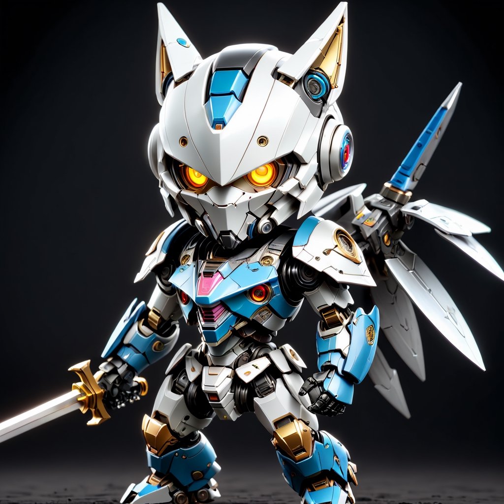 Masterpiece, 4K, ultra detailed, ((solo)), chibi style, anime style, sword Mecha, (MASK), (metal), dark color mecha, (fight poes), (full body), solid background, detail, ,close viewer,ROBOT,