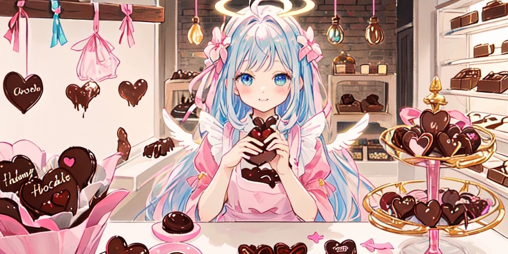 1girl, angel, with sliver long curly hair, blue eyes, two blue ribbons on her hair, (Double golden halo on her head), angel wings, ((selling chocolate for boyfriend at chocolate shop)), Pink patent leather maid, pink dress,white thighhighs,white apron,cross-laced clothes, masterpiece, best quality, looking at viewer, vintage fantasy, watercolor, warm pastel colour tone, colourpencil style, ((half body)),kawaii face,kawaiitech