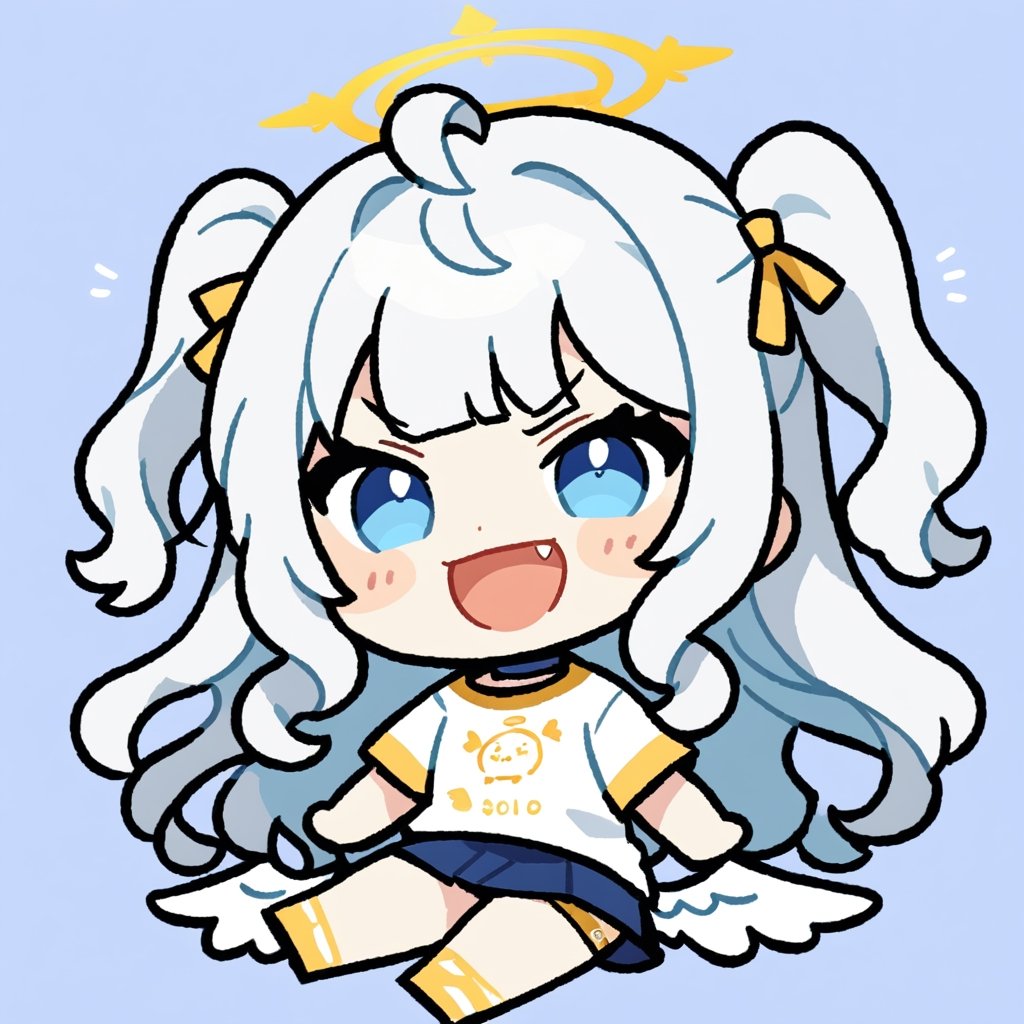 chibi, sd, masterpiece, made by a master, 4k, perfect anatomy, perfect details, best quality, high quality, lots of detail.
1girl, ((angel)), (white hair), long curly hair, (two side up), blue eyes,  (curly hair:1.2), (wavy hair), (hair curls), (bangs), (two side up), two (blue) hair ties on head, (Double golden halo on her head), choker, ((angel wings)), ahoge, t-shirt, short skirt, single, looking at camera, smiling, fang, happy, slightly angry, chibi, Emote Chibi. simple background, Line,cute comic,simple background, flat color,chibi,Cute girl,dal,Emote Chibi,chibi style