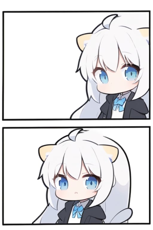 (chibi style),1girl, solo,  ((white hair)), very long hair, blue eyes, (straight hair), (bangs), animal ears, (stoat ears:1.2), Choker, ahoge, fangs, (big stoat Tail:1.2), 
(White sleeveless collared dress, blue chest bow), (black hooded oversized jacket:1.2), (Off the shoulders), looking at viewer, simple background, shirt,, white background, upper body, anime ,Anime ,girl ,cute comic,Line Chibi yellow, 