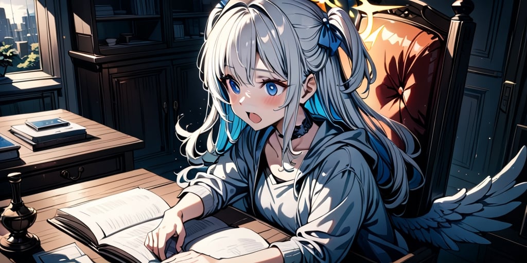 shiny, vibrant colors, female, masterpiece, sharp focus, best quality, depth of field, cinematic lighting, ((solo, one girl)), (illustration, 8k CG, extremely detailed), masterpiece, ultra-detailed,
1girl, angel, white hair, long curly hair, two side up,blue eyes, two blue ribbons on her hair, (Double golden halo on her head), choker, angel wings, Wearing grey Hooded T-shirt, on chair, open book on desk, in a heaven room, the cutest room, look in the camera with a surprised expression, her mouth agape in awe, simple white background,watercolor \(medium\)