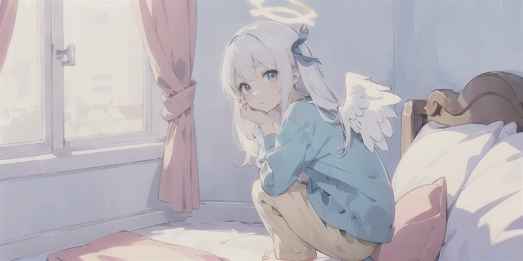  (Best Picture Quality, High Quality, Best Picture Score: 1.3), , Perfect Beauty Score: 1.5, long hair, 1girl, solo, angel, ((white hair)), (long curly hair), blue eyes, ((two blue ribbons on her hair)), (Double golden halo on her head), (angel wings), (cute outfit), Wearing a T-shirt and pajamas trousers, Squatting on the sofa, sad expression, beautiful, cute, masterpiece, best quality,