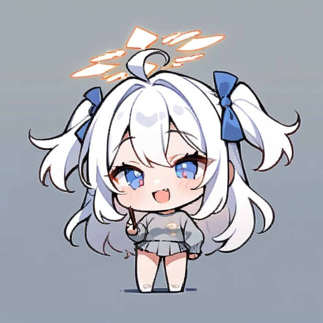  chibi, masterpiece, best quality, solo, 1girl, angel, (white hair), long curly hair, (two side up),blue eyes, (two blue ribbons on her hair), ((Double golden halo on her head)), choker, ((angel wings)), ahoge, full body, cute smile, best smile, open mouth, Wearing grey Hooded T-shirt, long sleeves, pleated skirt, (holding a pair of huge chopsticks), ,masterpiece,simple background, ,