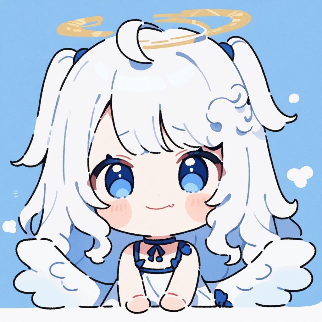 masterpiece, made by a master, 4k, perfect anatomy, perfect details, best quality, high quality, lots of detail.
1girl, angel, (white hair), long curly hair, (two side up), blue eyes,  (curly hair:1.2), (wavy hair), (hair curls), (bangs), (two side up), two (blue) hair ties on head, (Double golden halo on her head), choker, (angel wings), ahoge, White dress with blue trim, single, looking at camera, smiling, fang, happy, slightly angry, chibi, Emote Chibi.
simple background, Line,cute comic